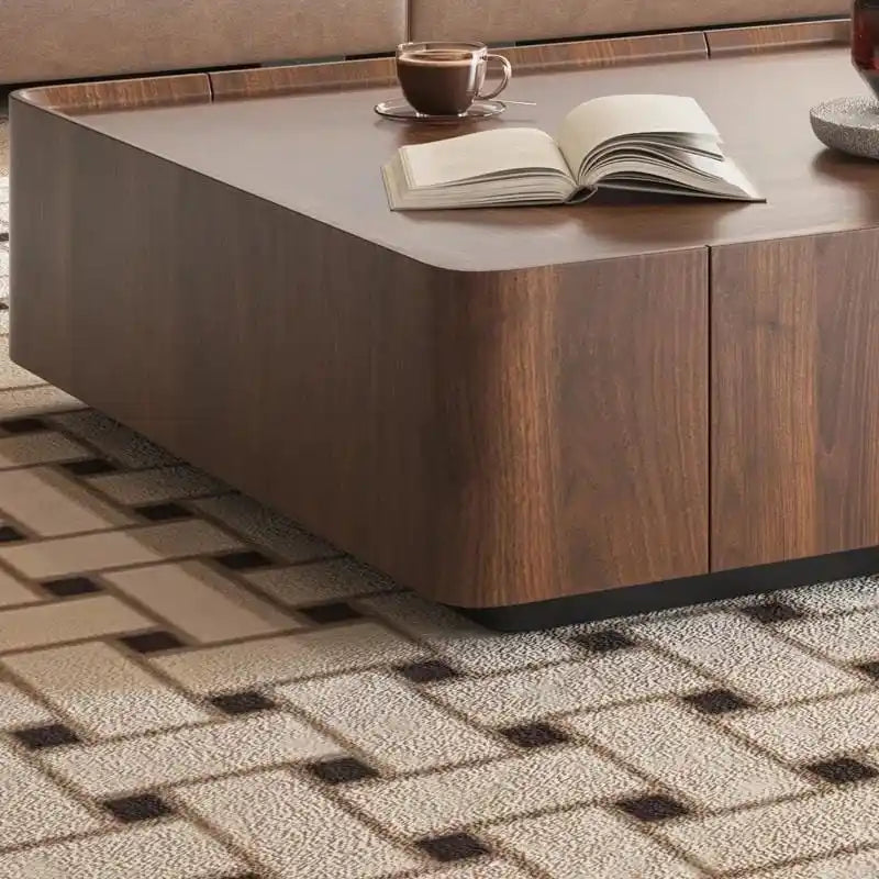 Tavolino da caffè industriale in noce con cassetti a scomparsa - 100x100x32 cm