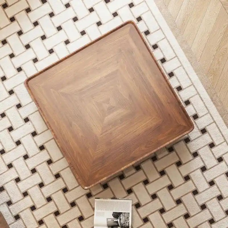 Tavolino da caffè industriale in noce con cassetti a scomparsa - 100x100x32 cm