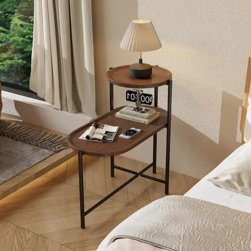 Tavolini Piccoli Moderni a 2 Livelli per Divano con Ripiano in Legno, Tavolini Finali da Soggiorno, Comodini