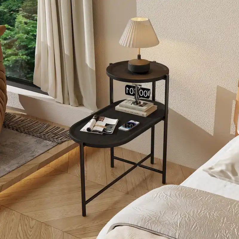 Tavolini Piccoli Moderni a 2 Livelli per Divano con Ripiano in Legno, Tavolini Finali da Soggiorno, Comodini