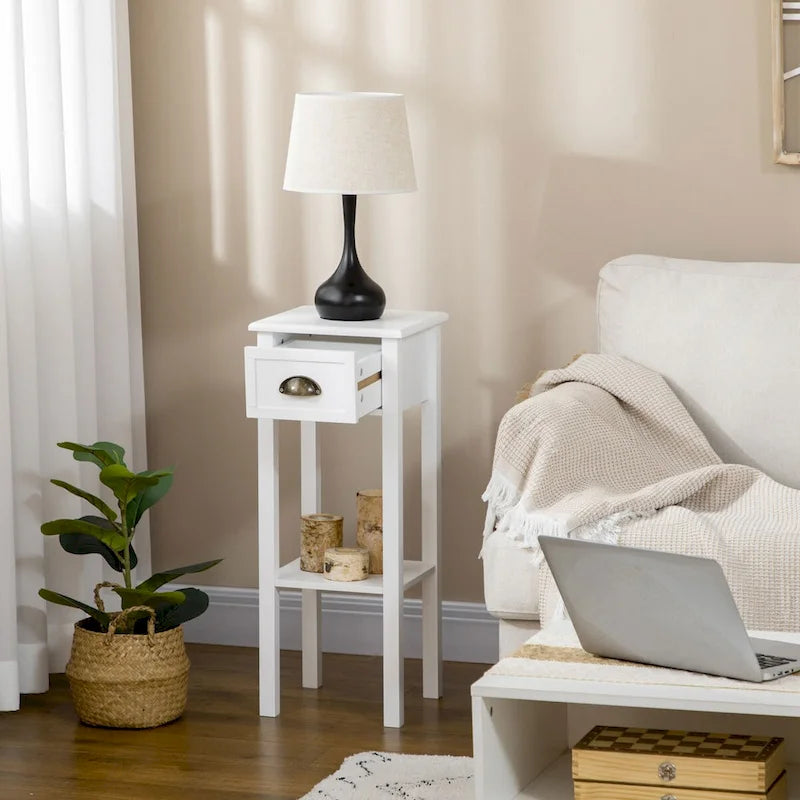 Tavolino a 2 livelli con cassetto, tavolino stretto con ripiano inferiore, per soggiorno o camera da letto, bianco