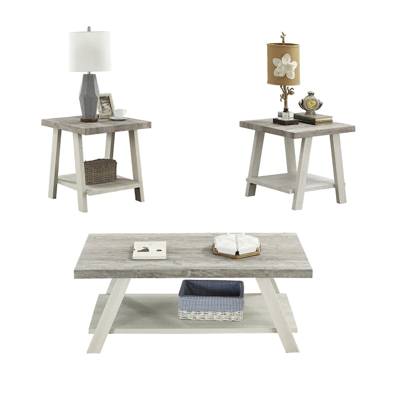 Ensemble table basse 3 pièces avec étagère en bois, style contemporain