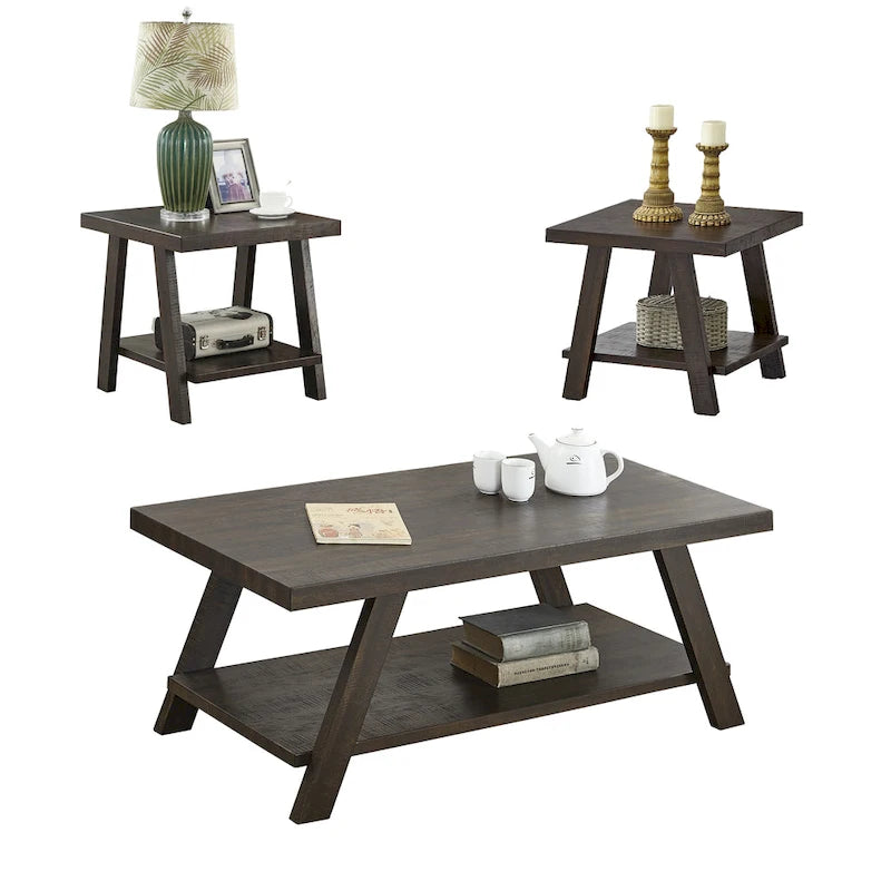 Ensemble table basse 3 pièces avec étagère en bois, style contemporain
