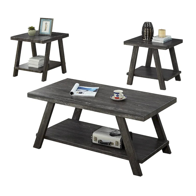 Ensemble table basse 3 pièces avec étagère en bois, style contemporain