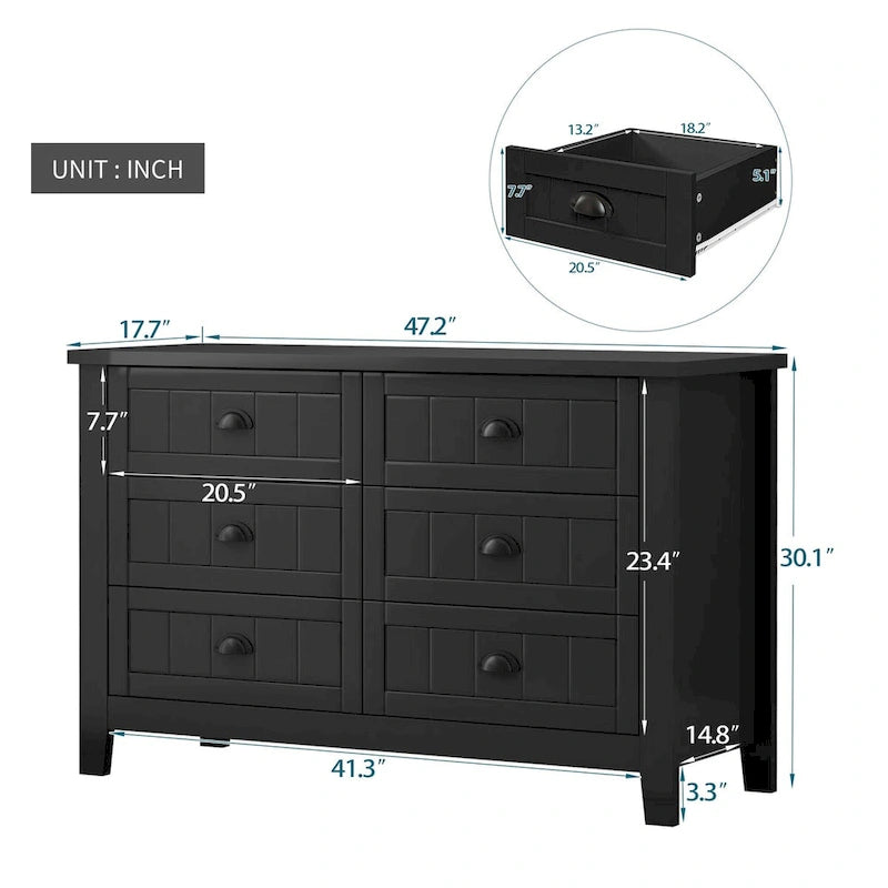 Madia da Ingresso in Legno Massello Nero con Sei Cassetti Stile Rustico