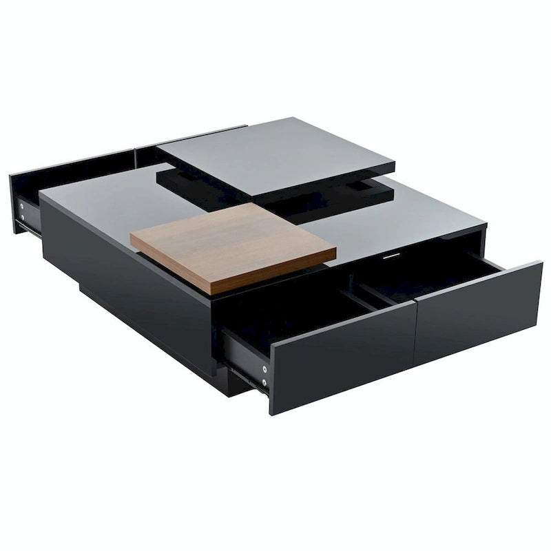 Tavolino da Caffè Moderno Quadrato in Legno con Piano Traslabile e 4 Cassetti Nascosti