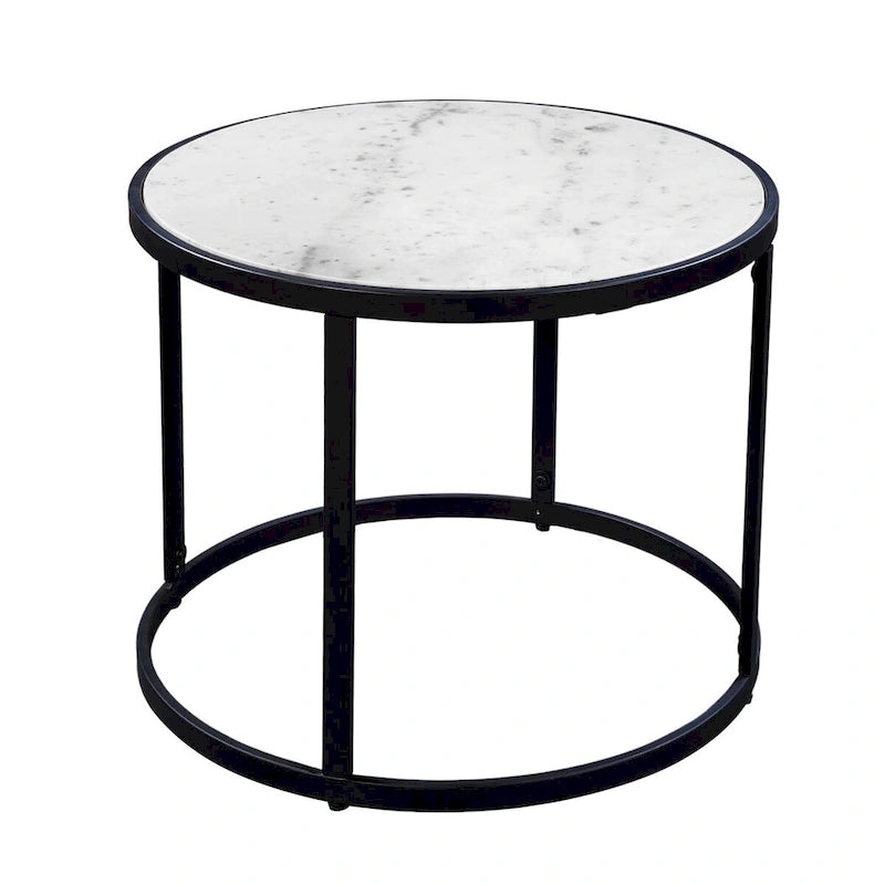 Tavolino Rotondo da 23 Pollici, Moderno con Piano in Marmo Naturale Bianco, Classica Struttura in Ferro Nero