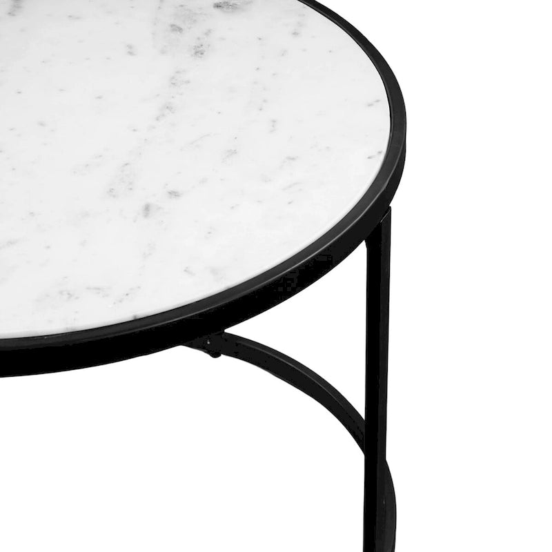 Tavolino Rotondo da 23 Pollici, Moderno con Piano in Marmo Naturale Bianco, Classica Struttura in Ferro Nero