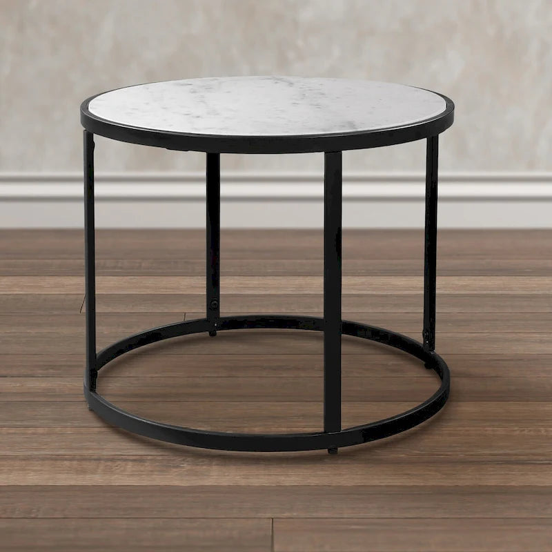 Tavolino Rotondo da 23 Pollici, Moderno con Piano in Marmo Naturale Bianco, Classica Struttura in Ferro Nero
