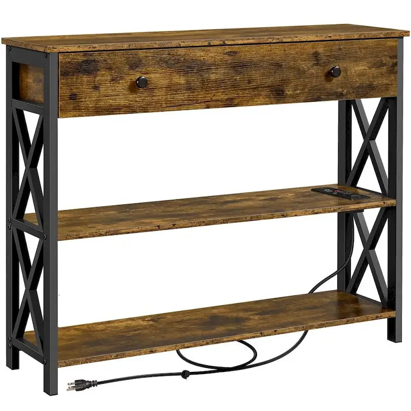 Yaheetech Tavolo Consolle Vintage in Legno con Presa di Corrente, Tavolo da Divano con 1 Cassetto e 2 Ripiani Aperti