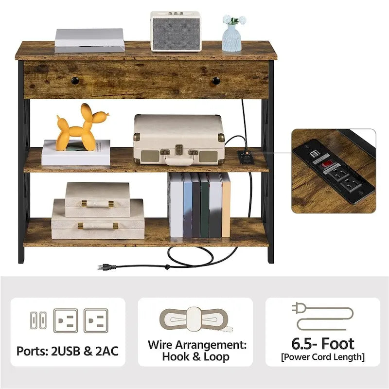 Yaheetech Tavolo Consolle Vintage in Legno con Presa di Corrente, Tavolo da Divano con 1 Cassetto e 2 Ripiani Aperti