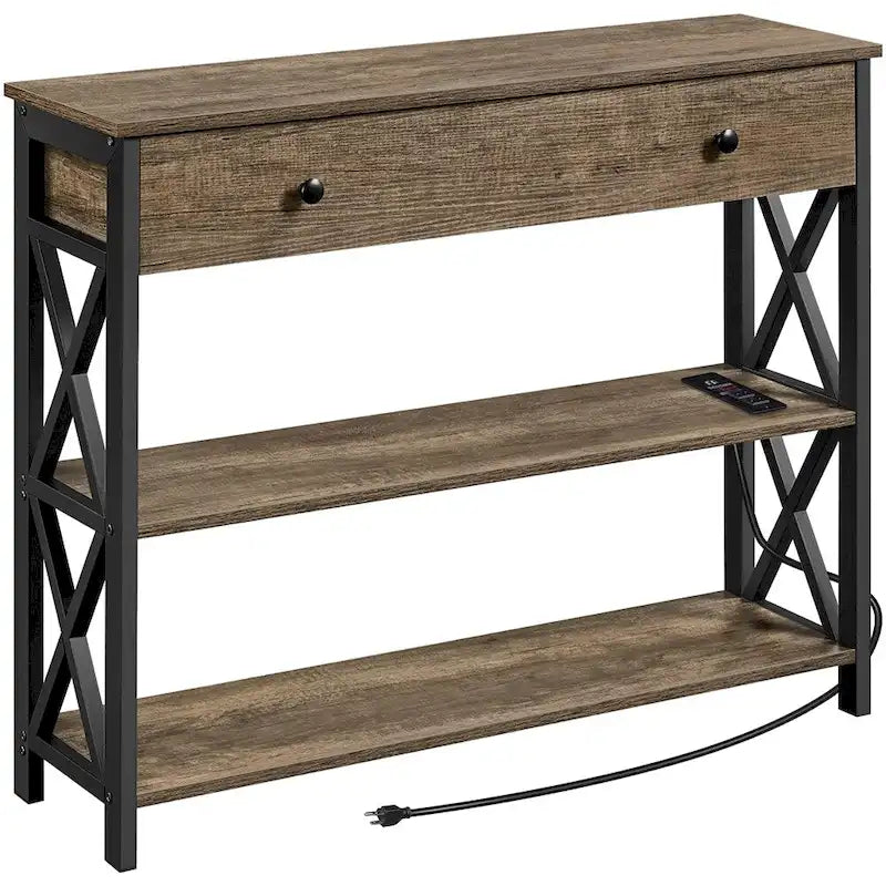 Yaheetech Tavolo Consolle Vintage in Legno con Presa di Corrente, Tavolo da Divano con 1 Cassetto e 2 Ripiani Aperti
