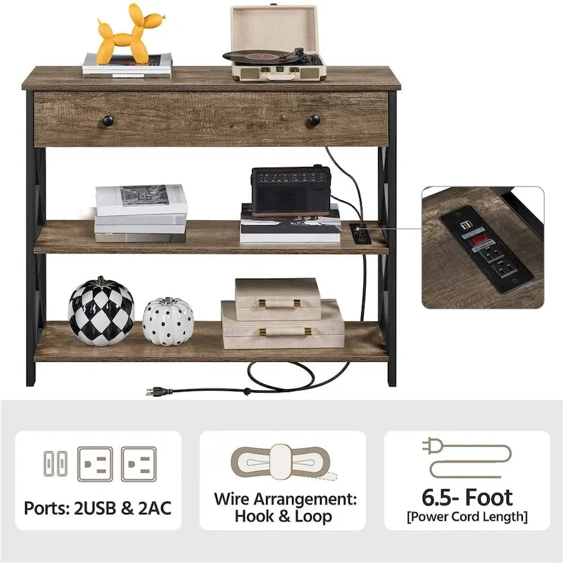 Yaheetech Tavolo Consolle Vintage in Legno con Presa di Corrente, Tavolo da Divano con 1 Cassetto e 2 Ripiani Aperti