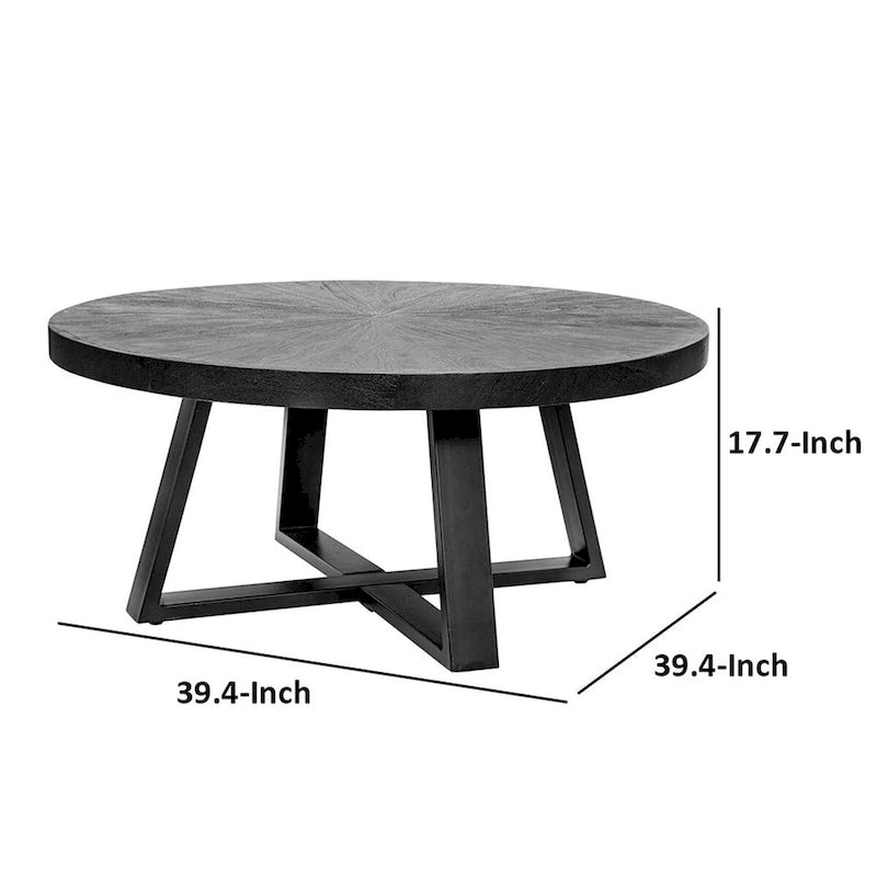 Tavolino da caffè Raj rotondo da 99 cm, design con gambe incrociate, legno di acacia nero, ferro