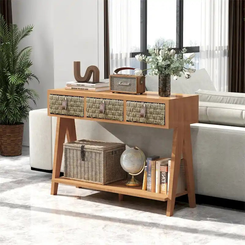 Consolle moderna in legno con vano contenitore e ripiano a giorno