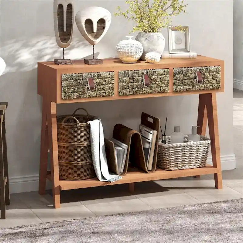 Consolle moderna in legno con vano contenitore e ripiano a giorno