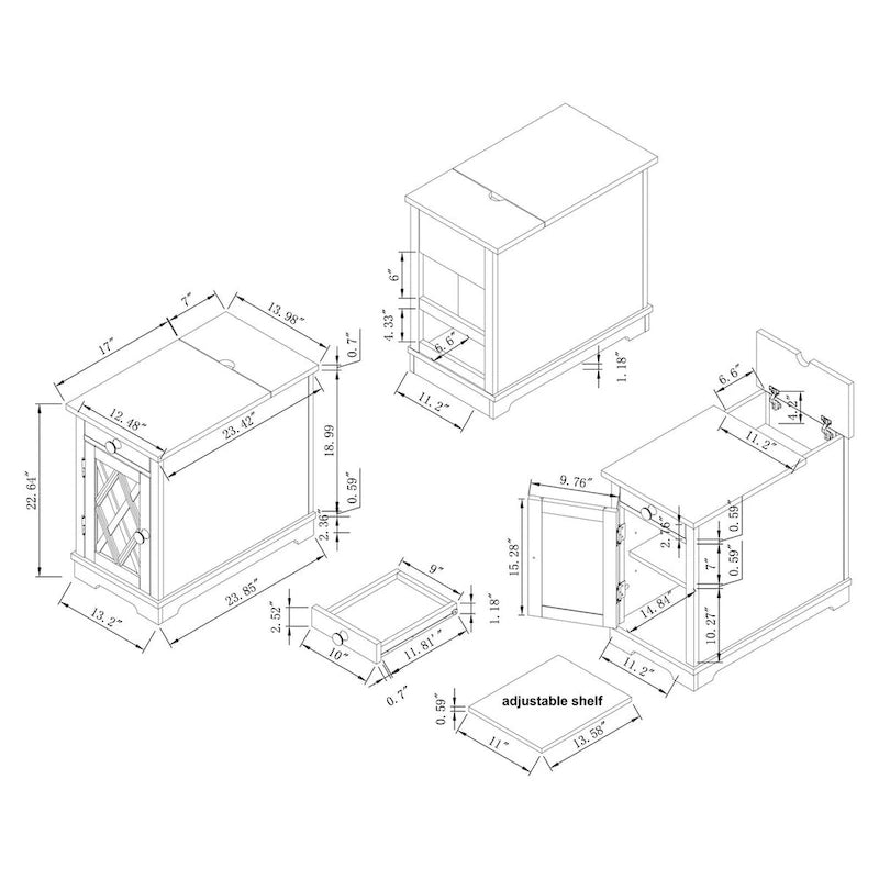 Tavolino/Comodino con ricarica classica con porte USB e vano portaoggetti - 58,4 cm di altezza