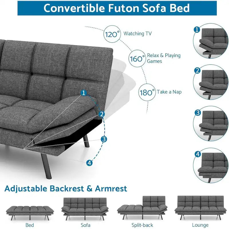 Divano Futon Letto in Memory Foam con Schienale Diviso Regolabile per Spazi Piccoli