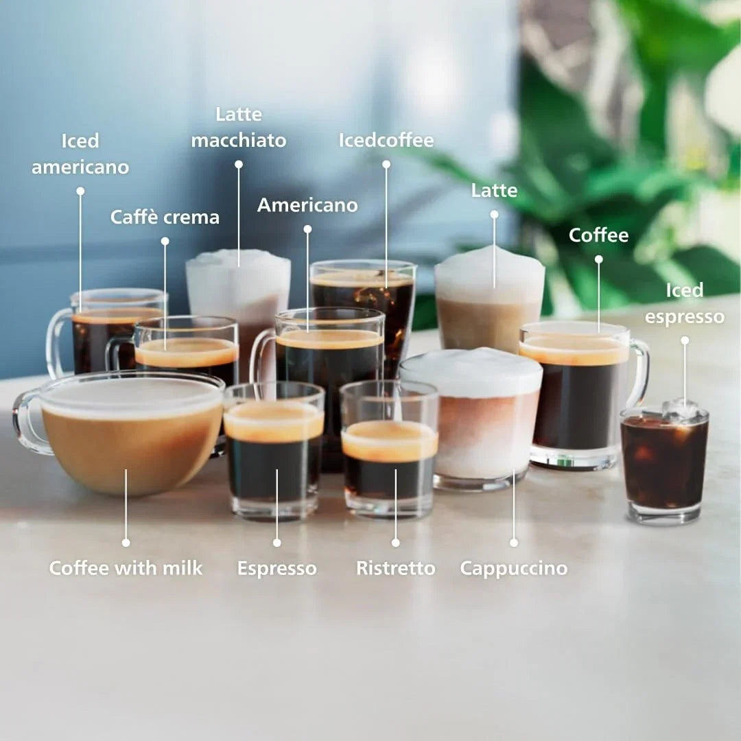 Macchina da Caffè Espresso Premium, 12 Bevande Calde/Fredde, Sistema LatteGo, Macinacaffè in Ceramica, Cromo Nero