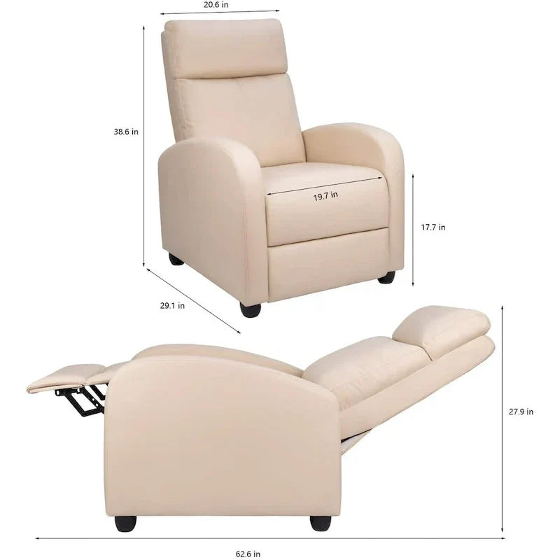 Poltrona reclinabile push-back in pelle PU, marrone / nero / grigio / kaki / rosso / beige, singola