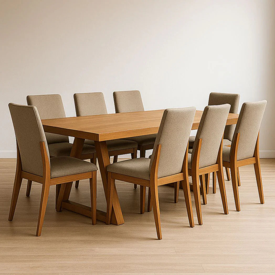 Set tavolo da pranzo rettangolare in legno massello e 8 sedie in tessuto beige