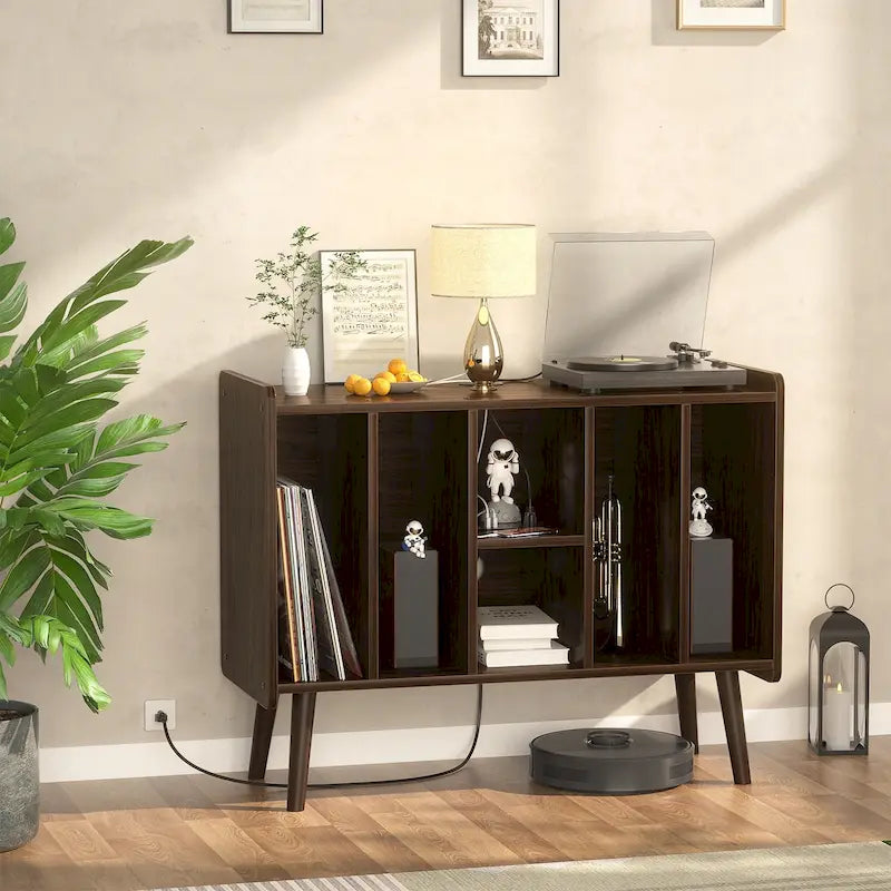 Mobile per giradischi con presa di corrente e porte USB, Tavolino porta dischi in vinile, Scaffale espositore per dischi in vinile