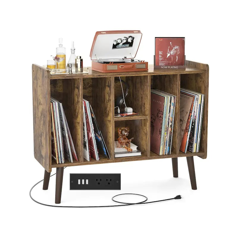 Mobile per giradischi con presa di corrente e porte USB, Tavolino porta dischi in vinile, Scaffale espositore per dischi in vinile