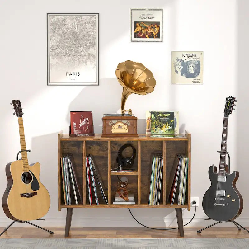 Mobile per giradischi con presa di corrente e porte USB, Tavolino porta dischi in vinile, Scaffale espositore per dischi in vinile