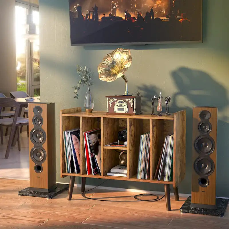 Mobile per giradischi con presa di corrente e porte USB, Tavolino porta dischi in vinile, Scaffale espositore per dischi in vinile