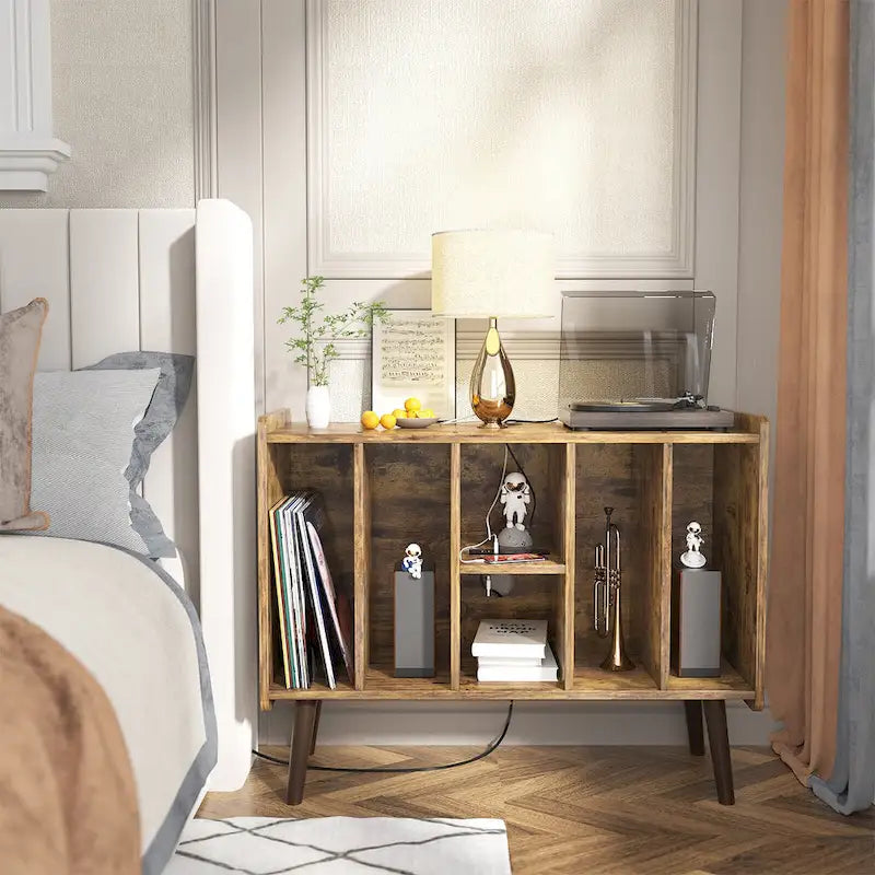Mobile per giradischi con presa di corrente e porte USB, Tavolino porta dischi in vinile, Scaffale espositore per dischi in vinile