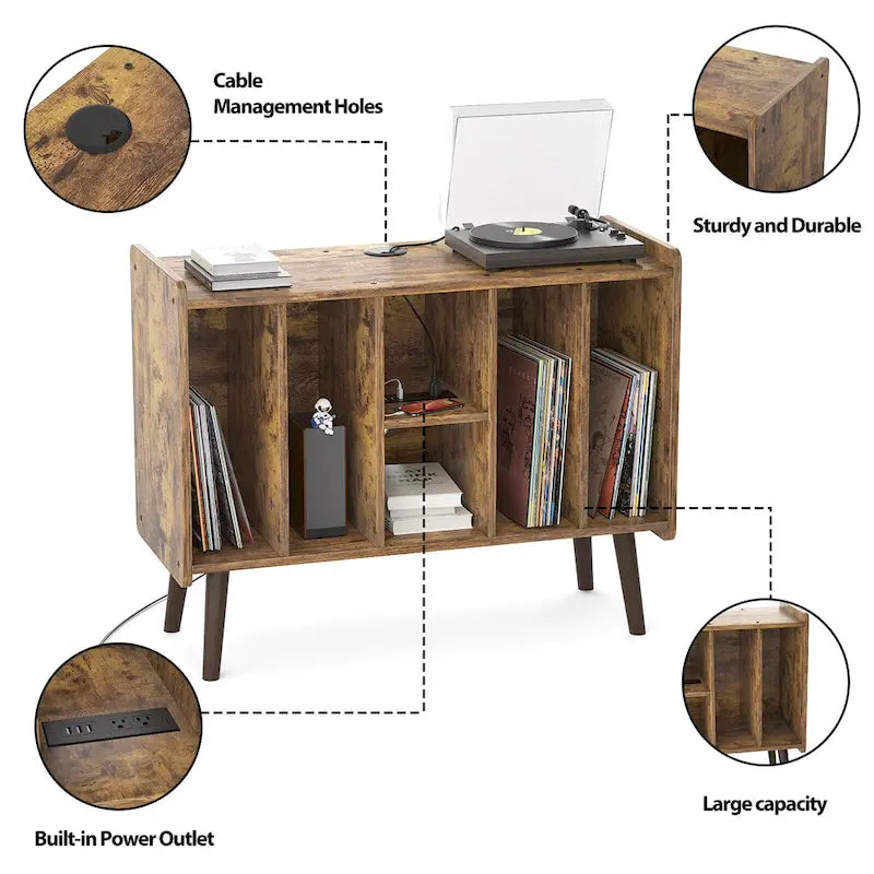 Mobile per giradischi con presa di corrente e porte USB, Tavolino porta dischi in vinile, Scaffale espositore per dischi in vinile