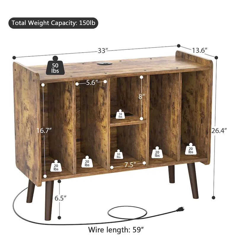 Mobile per giradischi con presa di corrente e porte USB, Tavolino porta dischi in vinile, Scaffale espositore per dischi in vinile