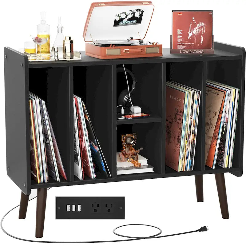 Mobile per giradischi con presa di corrente e porte USB, Tavolino porta dischi in vinile, Scaffale espositore per dischi in vinile