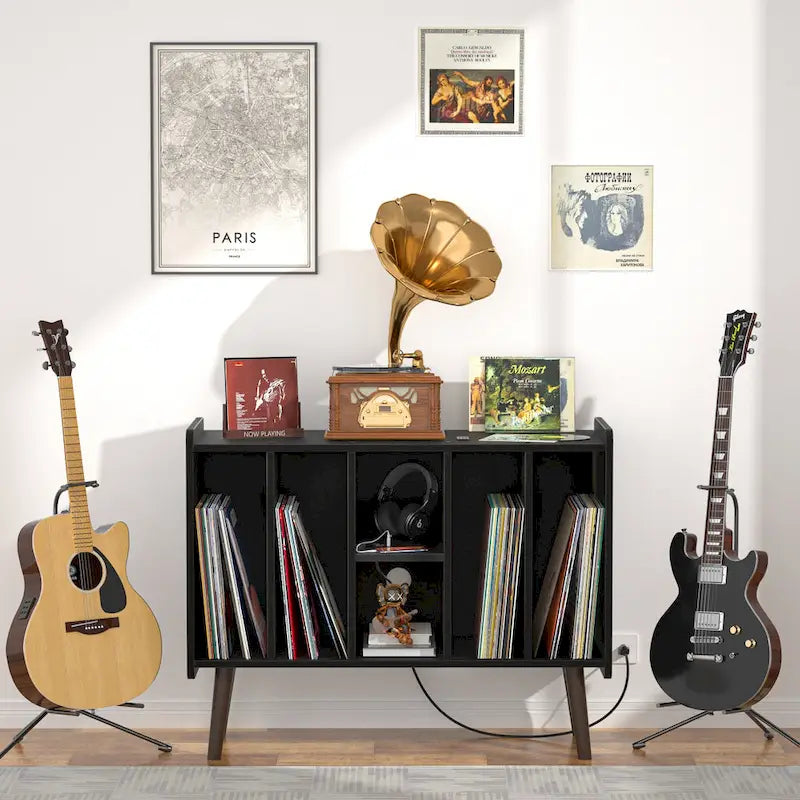 Mobile per giradischi con presa di corrente e porte USB, Tavolino porta dischi in vinile, Scaffale espositore per dischi in vinile