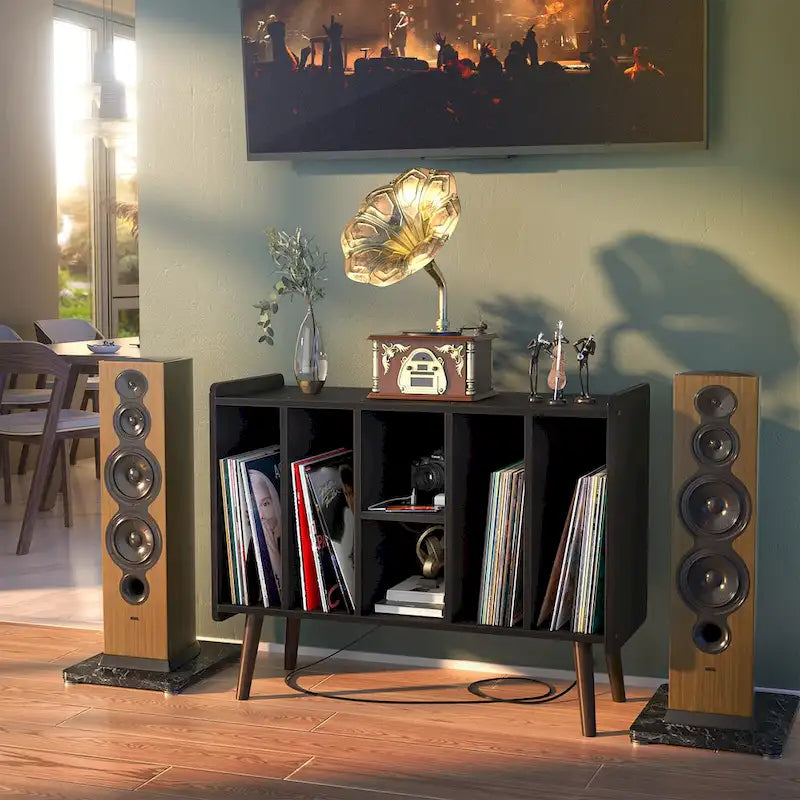 Mobile per giradischi con presa di corrente e porte USB, Tavolino porta dischi in vinile, Scaffale espositore per dischi in vinile
