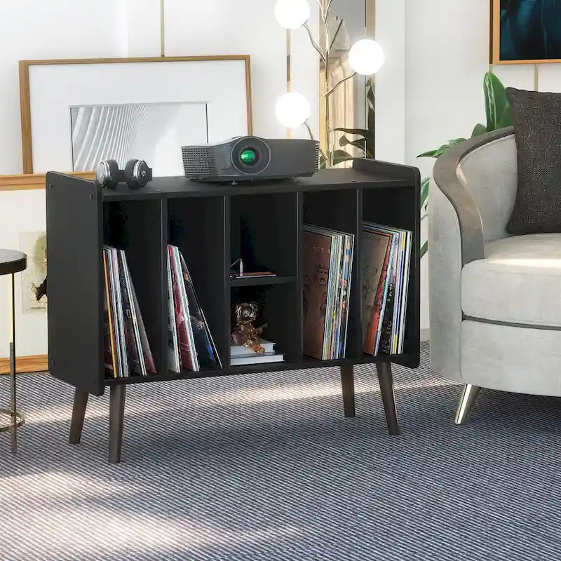 Mobile per giradischi con presa di corrente e porte USB, Tavolino porta dischi in vinile, Scaffale espositore per dischi in vinile