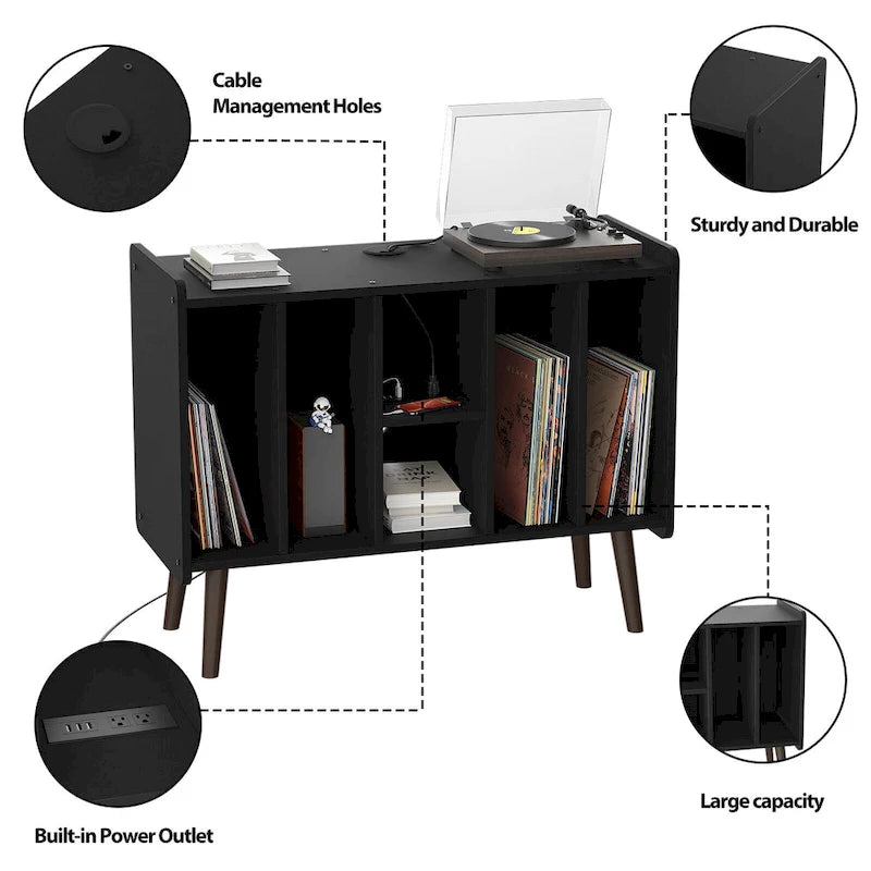 Mobile per giradischi con presa di corrente e porte USB, Tavolino porta dischi in vinile, Scaffale espositore per dischi in vinile
