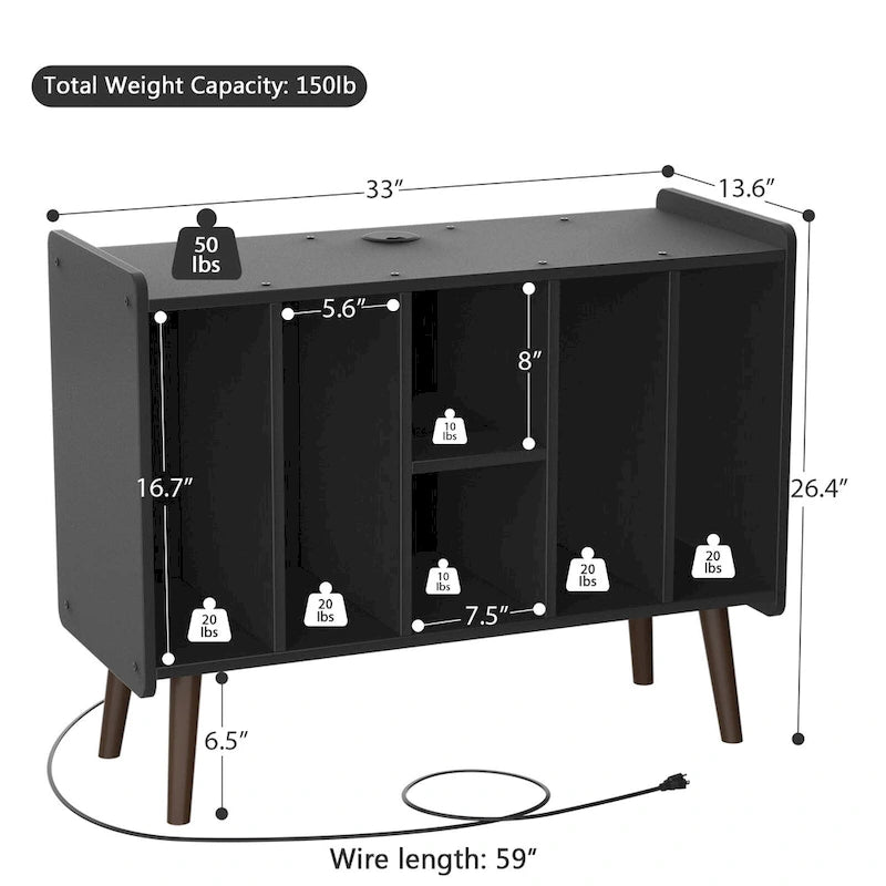 Mobile per giradischi con presa di corrente e porte USB, Tavolino porta dischi in vinile, Scaffale espositore per dischi in vinile