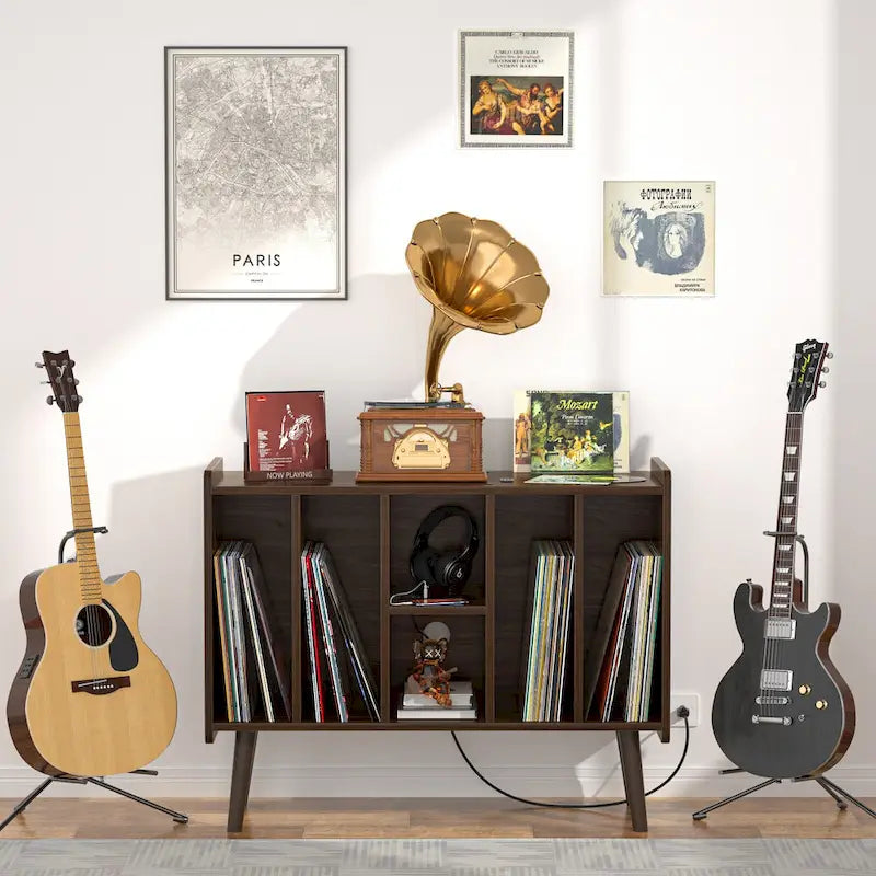 Mobile per giradischi con presa di corrente e porte USB, Tavolino porta dischi in vinile, Scaffale espositore per dischi in vinile