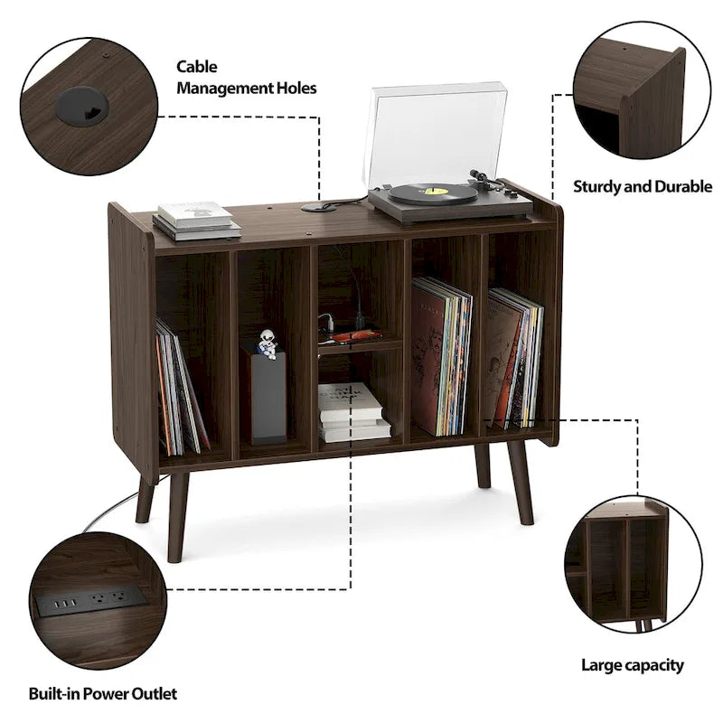 Mobile per giradischi con presa di corrente e porte USB, Tavolino porta dischi in vinile, Scaffale espositore per dischi in vinile