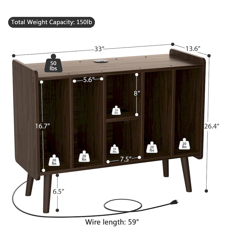 Mobile per giradischi con presa di corrente e porte USB, Tavolino porta dischi in vinile, Scaffale espositore per dischi in vinile