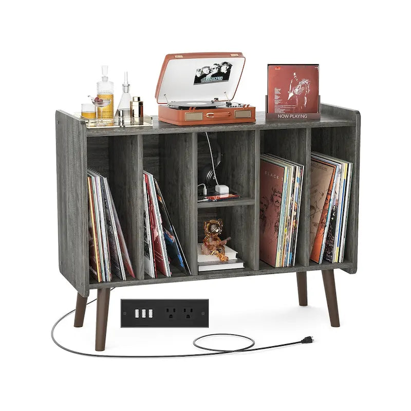 Mobile per giradischi con presa di corrente e porte USB, Tavolino porta dischi in vinile, Scaffale espositore per dischi in vinile