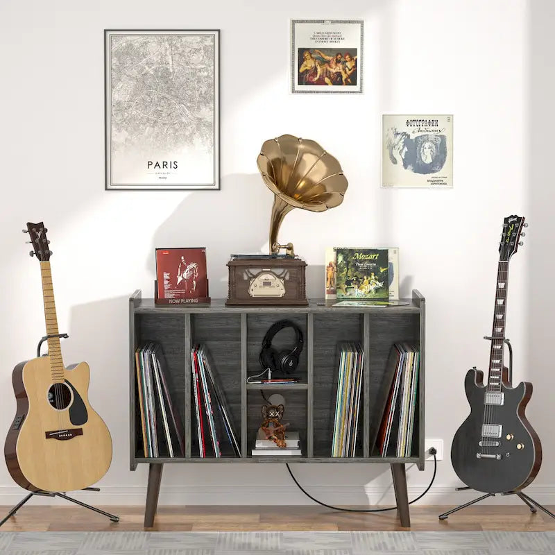 Mobile per giradischi con presa di corrente e porte USB, Tavolino porta dischi in vinile, Scaffale espositore per dischi in vinile
