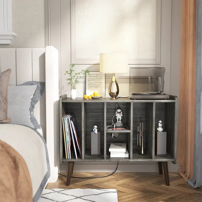 Mobile per giradischi con presa di corrente e porte USB, Tavolino porta dischi in vinile, Scaffale espositore per dischi in vinile