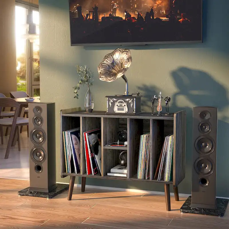 Mobile per giradischi con presa di corrente e porte USB, Tavolino porta dischi in vinile, Scaffale espositore per dischi in vinile