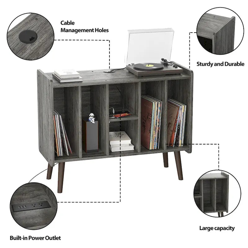 Mobile per giradischi con presa di corrente e porte USB, Tavolino porta dischi in vinile, Scaffale espositore per dischi in vinile