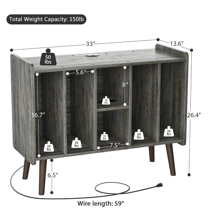 Mobile per giradischi con presa di corrente e porte USB, Tavolino porta dischi in vinile, Scaffale espositore per dischi in vinile