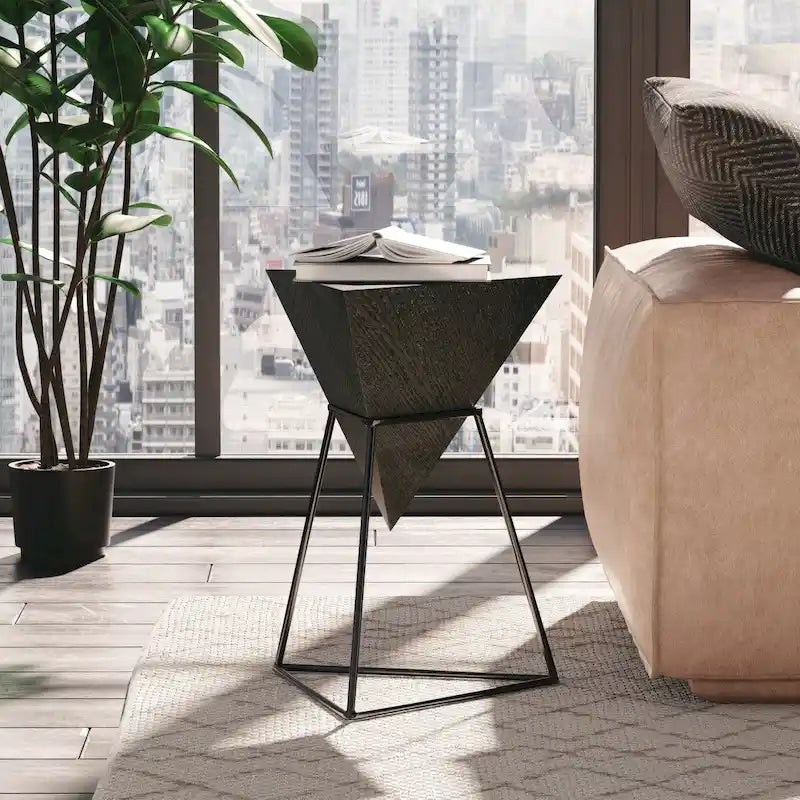COZAYH Tavolino da Salotto Moderno Geometrico con Piano in Legno e Base in Metallo, Porta Piante Laterale a Piramide Unico per Ufficio, Triangolare