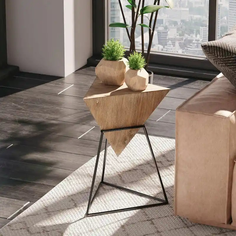 COZAYH Tavolino da Salotto Moderno Geometrico con Piano in Legno e Base in Metallo, Porta Piante Laterale a Piramide Unico per Ufficio, Triangolare