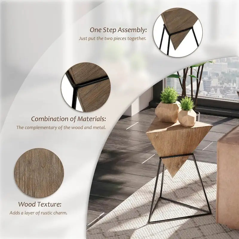 COZAYH Tavolino da Salotto Moderno Geometrico con Piano in Legno e Base in Metallo, Porta Piante Laterale a Piramide Unico per Ufficio, Triangolare